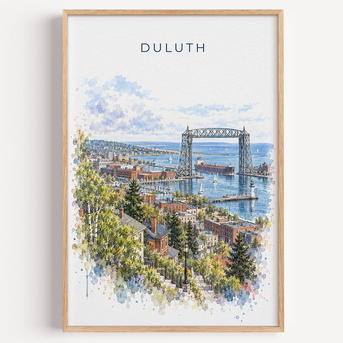 Duluth watercolor print in a light oak frame on a plain white wall