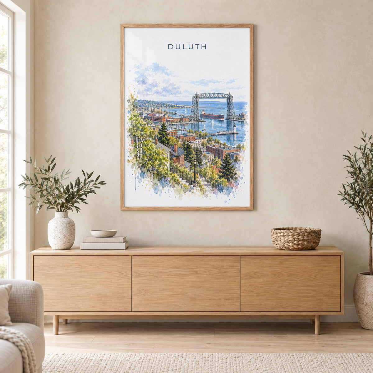 Duluth watercolor print in an oak frame above a light wood sideboard in a Scandinavian living room