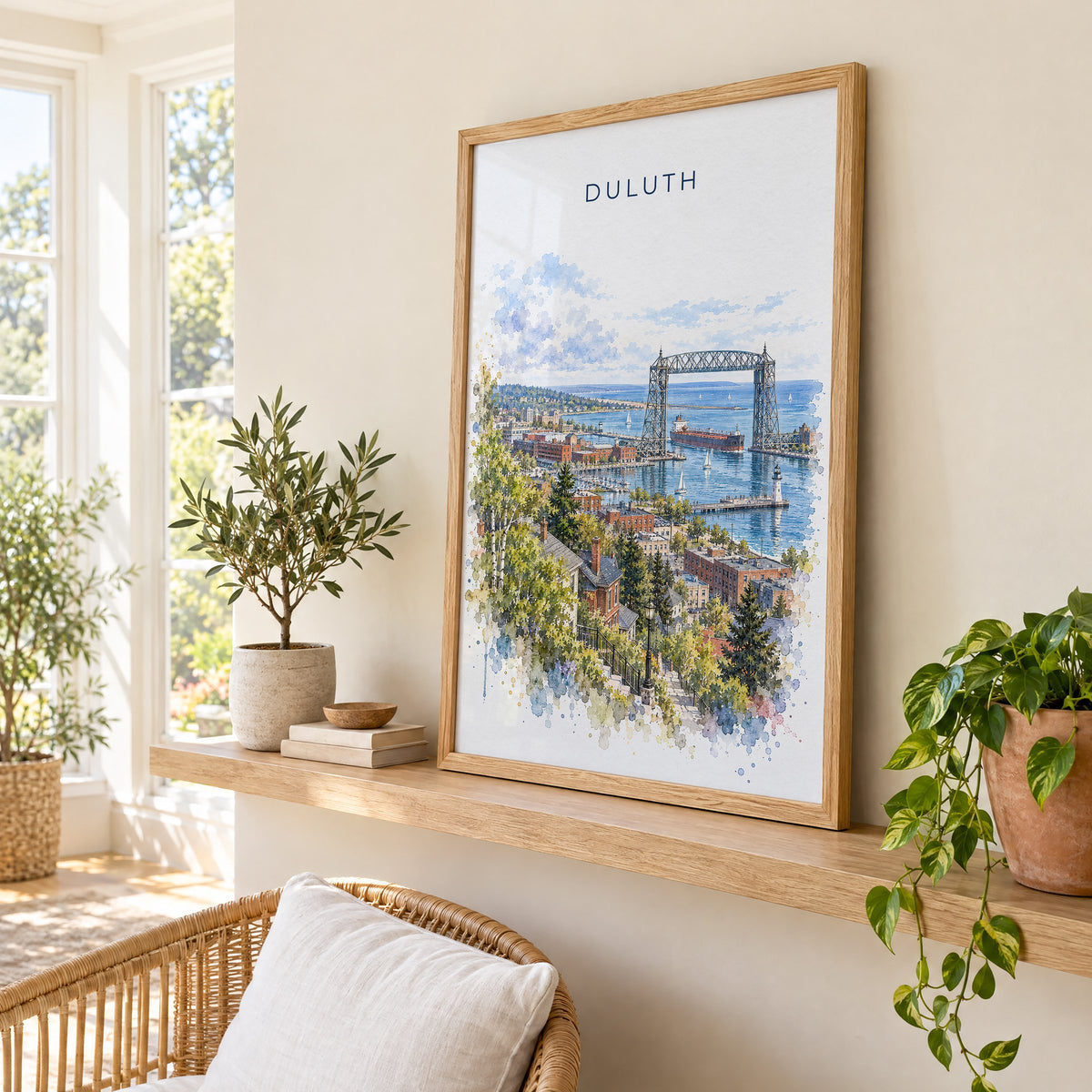 Duluth watercolor print in an oak frame on a picture ledge in a sunlit sunroom