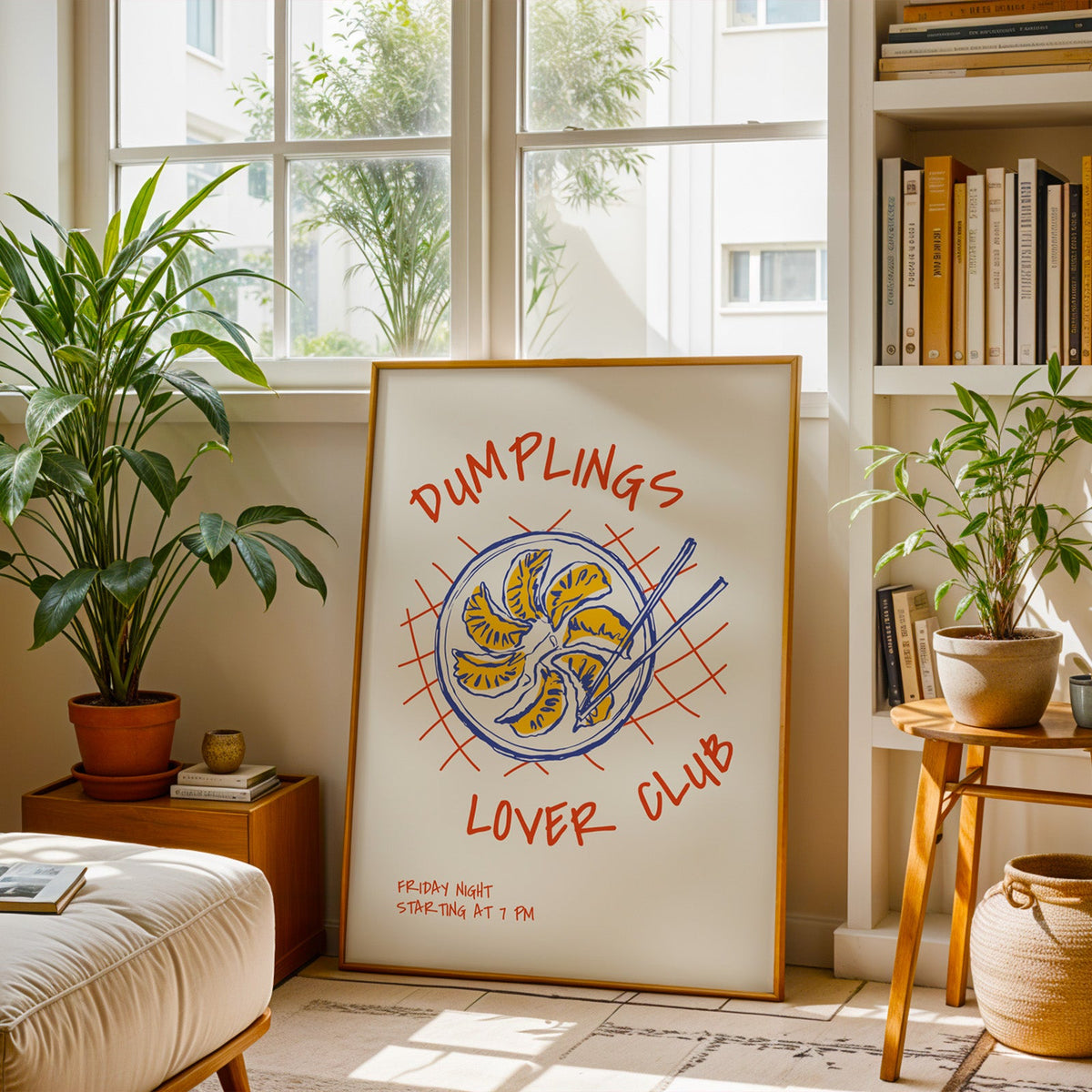 Dumplings Lover Club print in a brass frame resting on a berber rug in a living room