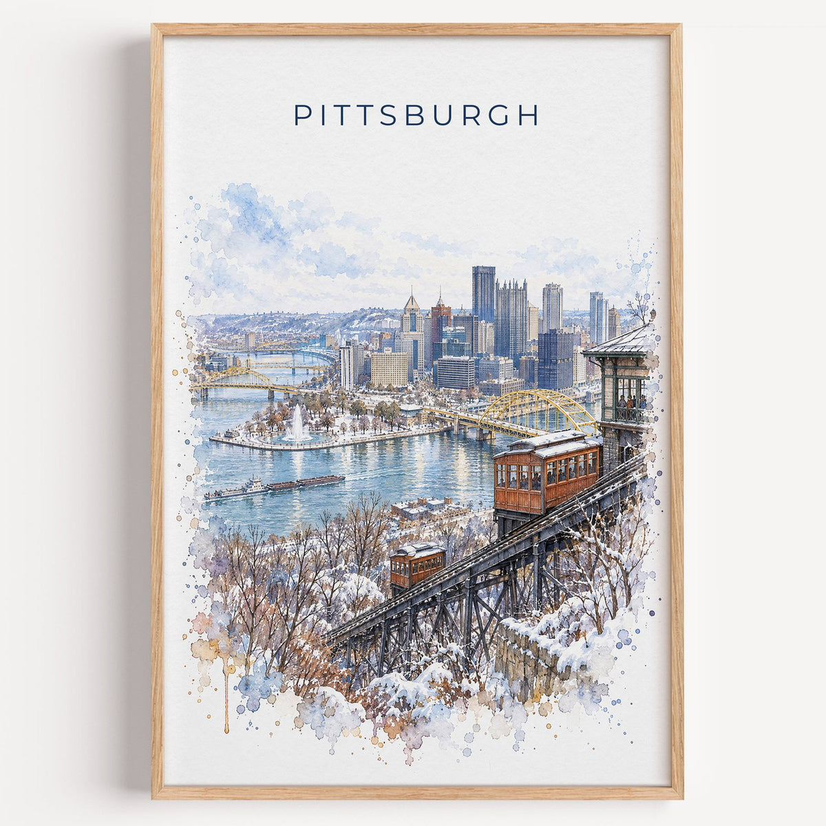 Duquesne Incline Pittsburgh watercolor print in a light oak frame on a plain white wall