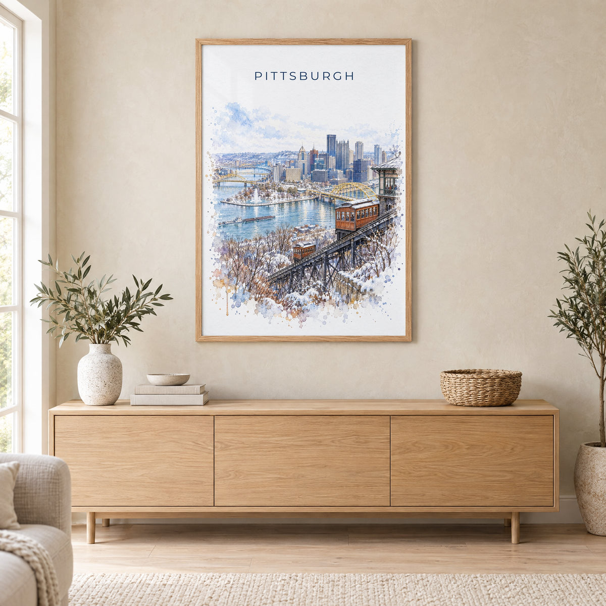 Duquesne Incline Pittsburgh watercolor print in an oak frame above a light wood sideboard in a Scandinavian living room
