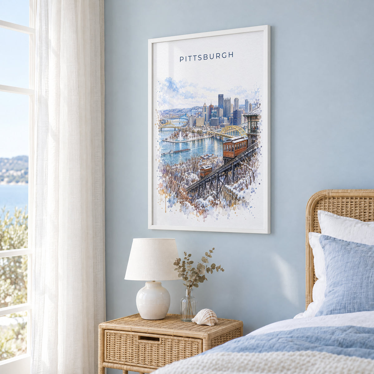 Duquesne Incline Pittsburgh watercolor print in a white frame on a pale blue wall beside a rattan bed in a coastal bedroom