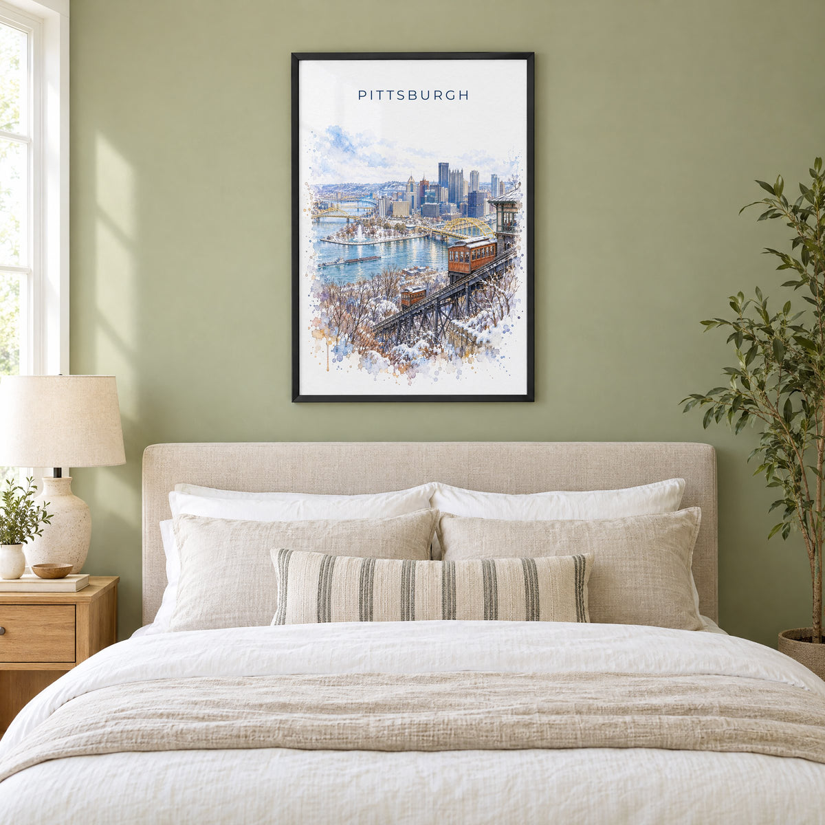 Duquesne Incline Pittsburgh watercolor print in a black frame above an upholstered headboard in a sage green bedroom