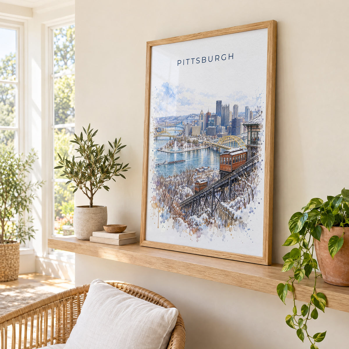 Duquesne Incline Pittsburgh watercolor print in an oak frame on a picture ledge in a sunlit sunroom