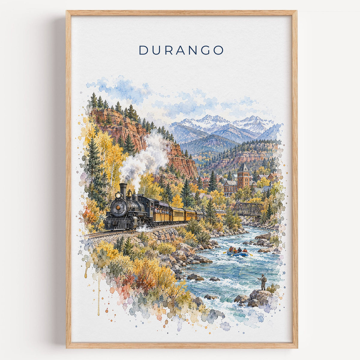 Durango, Colorado watercolor print in a light oak frame on a plain white wall