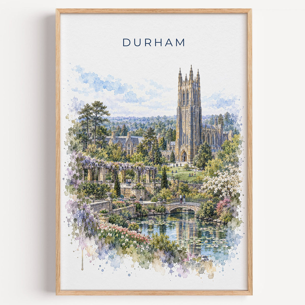 Durham, North Carolina watercolor print in a light oak frame on a plain white wall