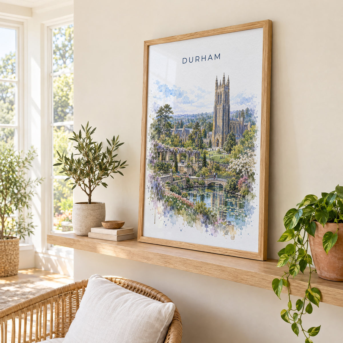 Durham, North Carolina watercolor print in an oak frame on a picture ledge in a sunlit sunroom