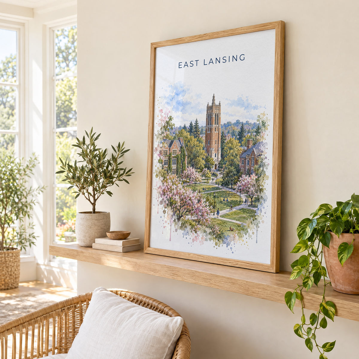 East Lansing watercolor print in an oak frame on a picture ledge in a sunlit sunroom