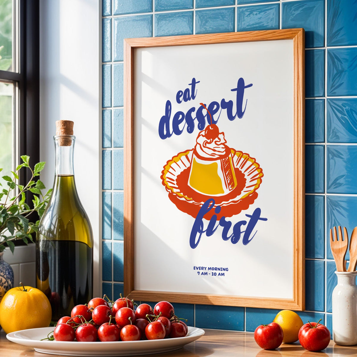 Dessert poster in an oak frame against a blue tile backsplash with olive oil and a plate of cherries