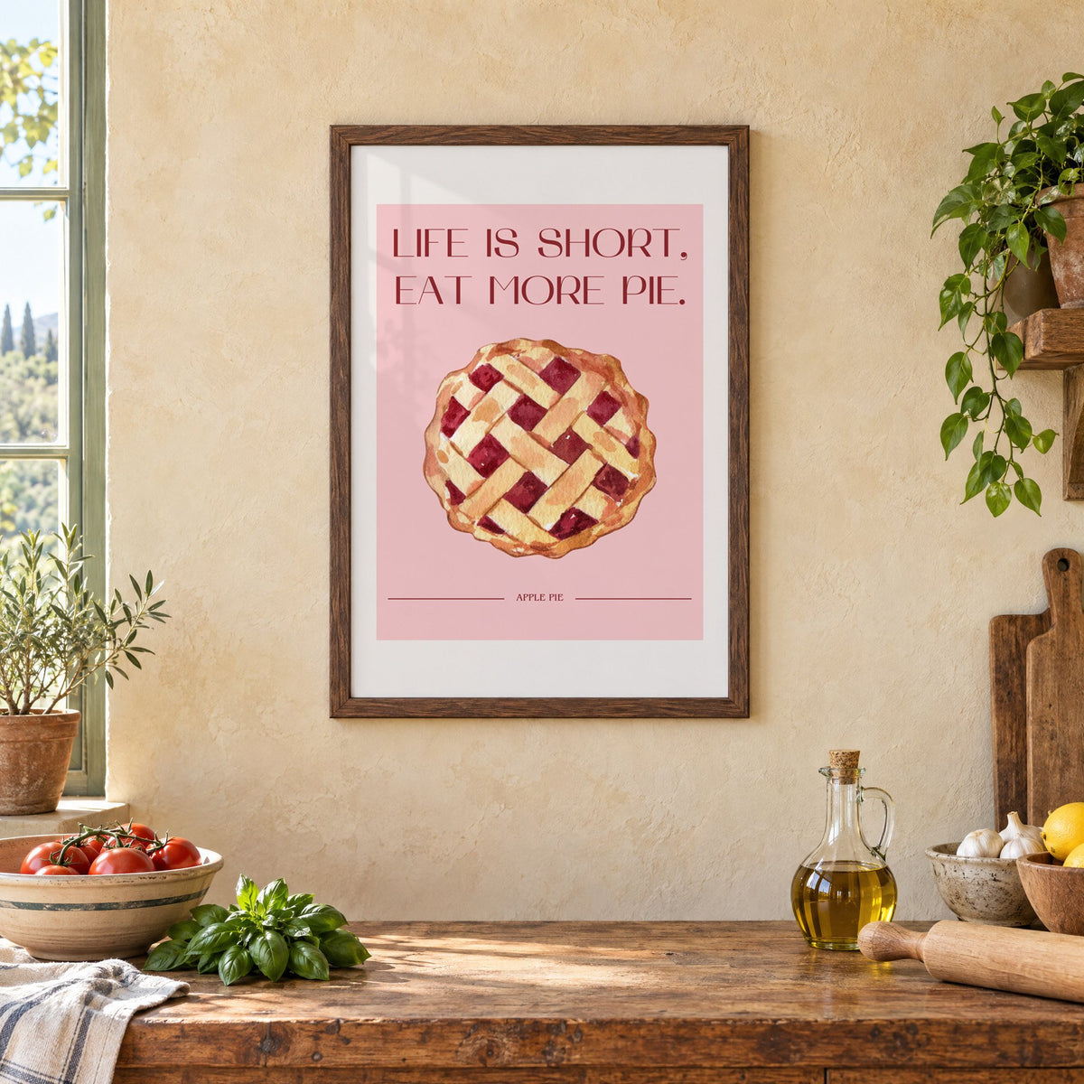Eat More Pie watercolor print in a walnut frame above a rustic Italian kitchen table with tomatoes