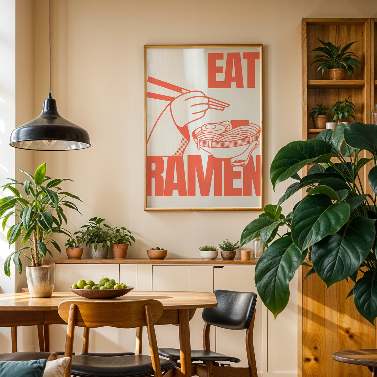 Eat Ramen print in an oak frame in a dining room above a plant-lined sideboard