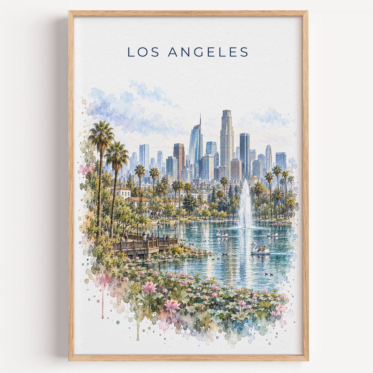 Echo Park Los Angeles watercolor print in a light oak frame on a plain white wall