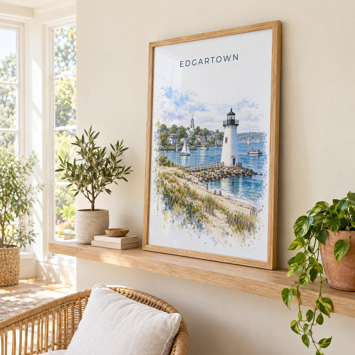 Edgartown watercolor print in an oak frame on a picture ledge in a sunlit sunroom