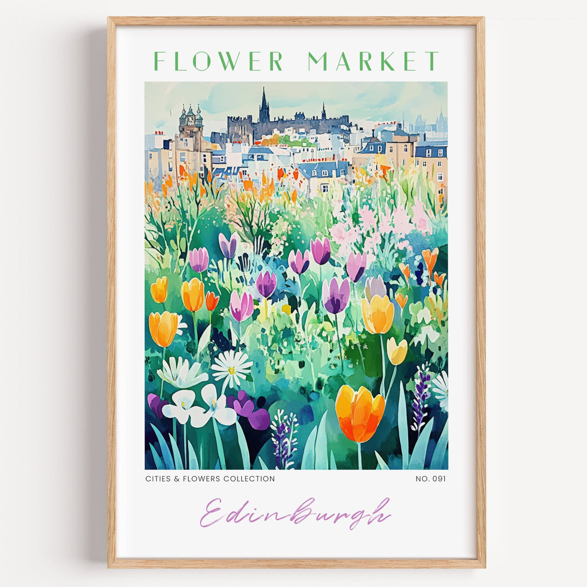 Edinburgh flower market print in a light oak frame on a plain white wall