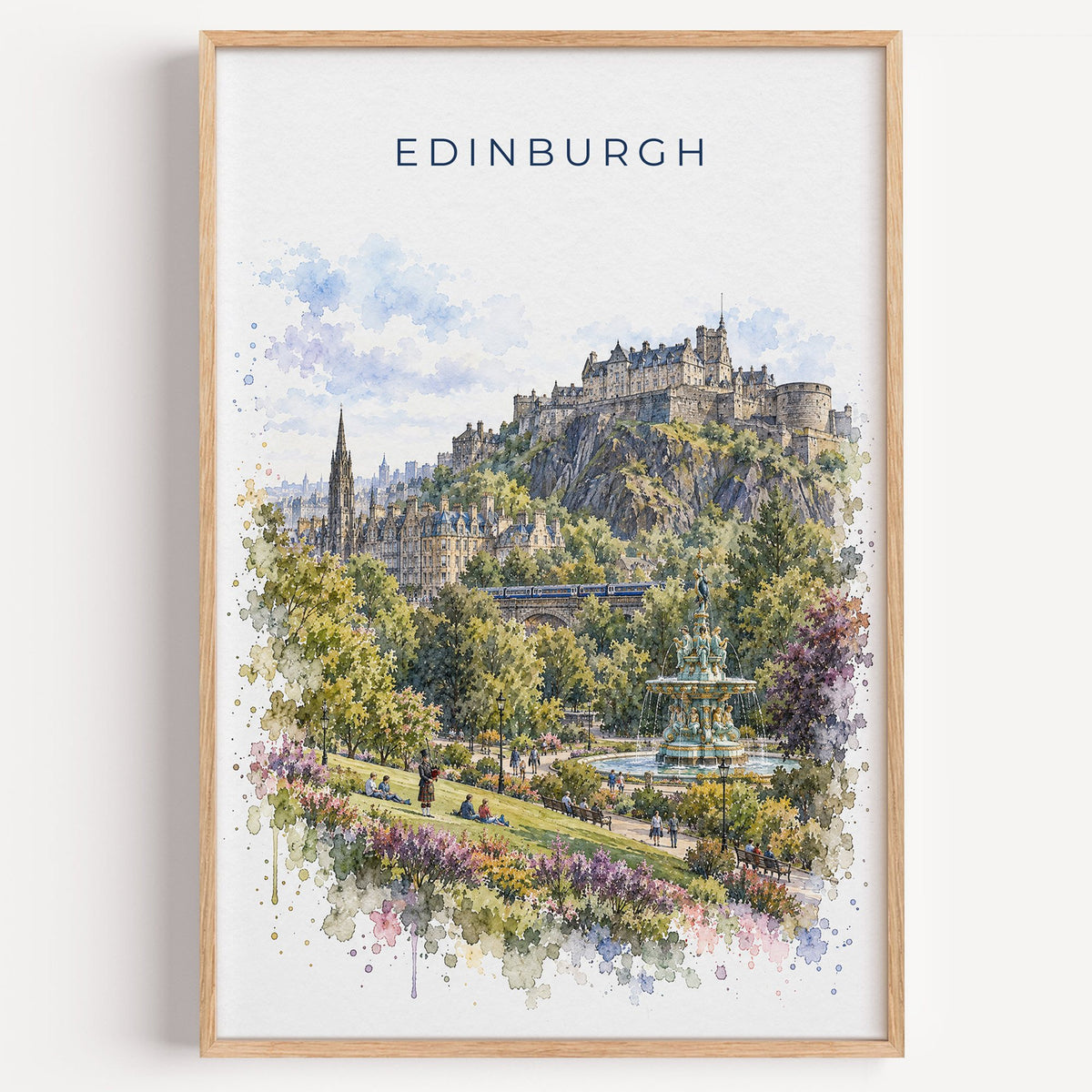 Edinburgh watercolor print in a light oak frame on a plain white wall