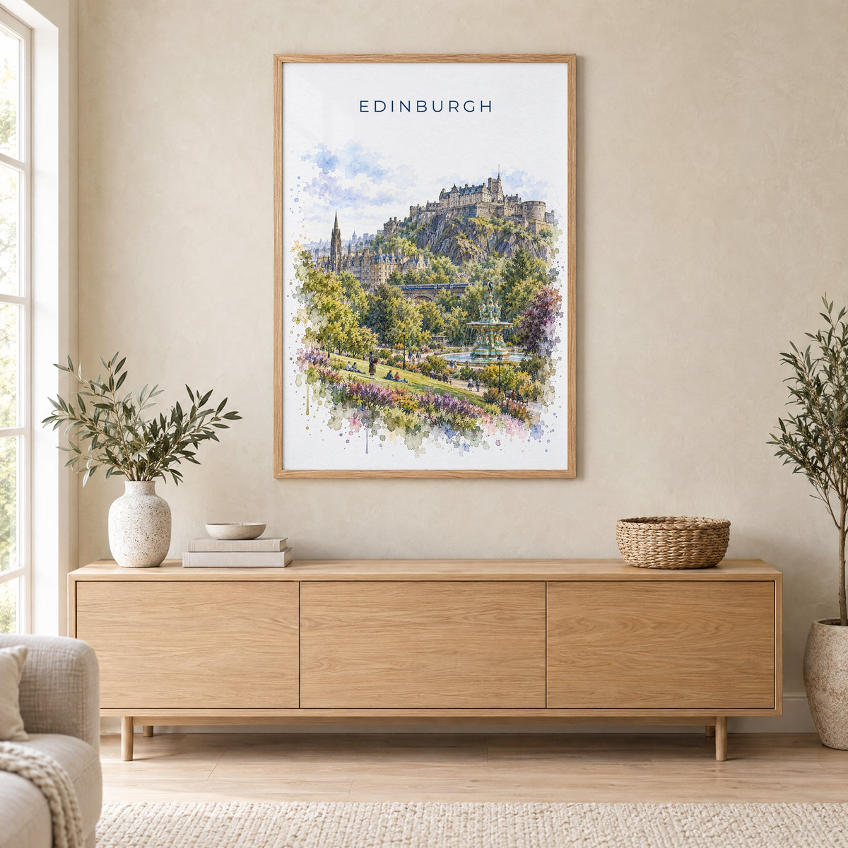 Edinburgh watercolor print in an oak frame above a light wood sideboard in a Scandinavian living room