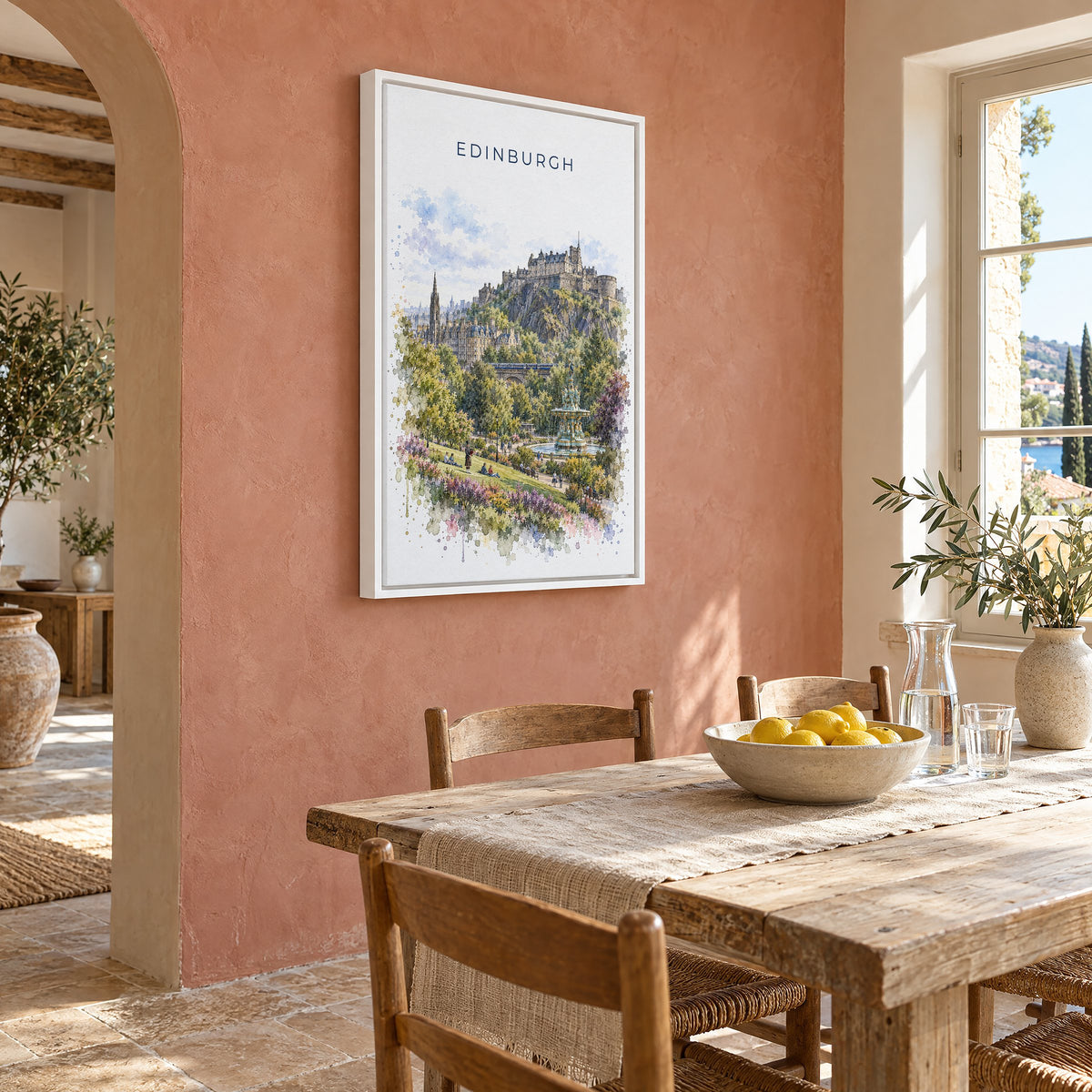 Edinburgh watercolor print as a white floater canvas on a terracotta wall above a rustic dining table