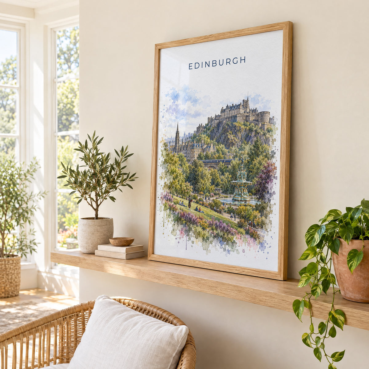 Edinburgh watercolor print in an oak frame on a picture ledge in a sunlit sunroom