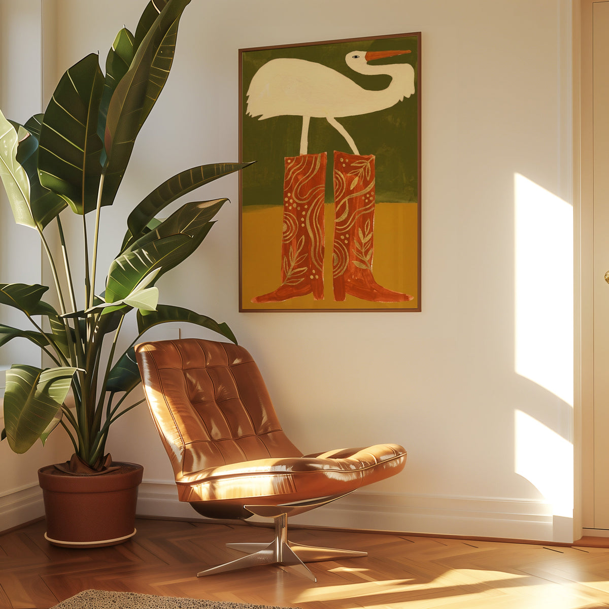 Quirky bird in red boots print in a slim walnut frame above a tan leather lounge chair