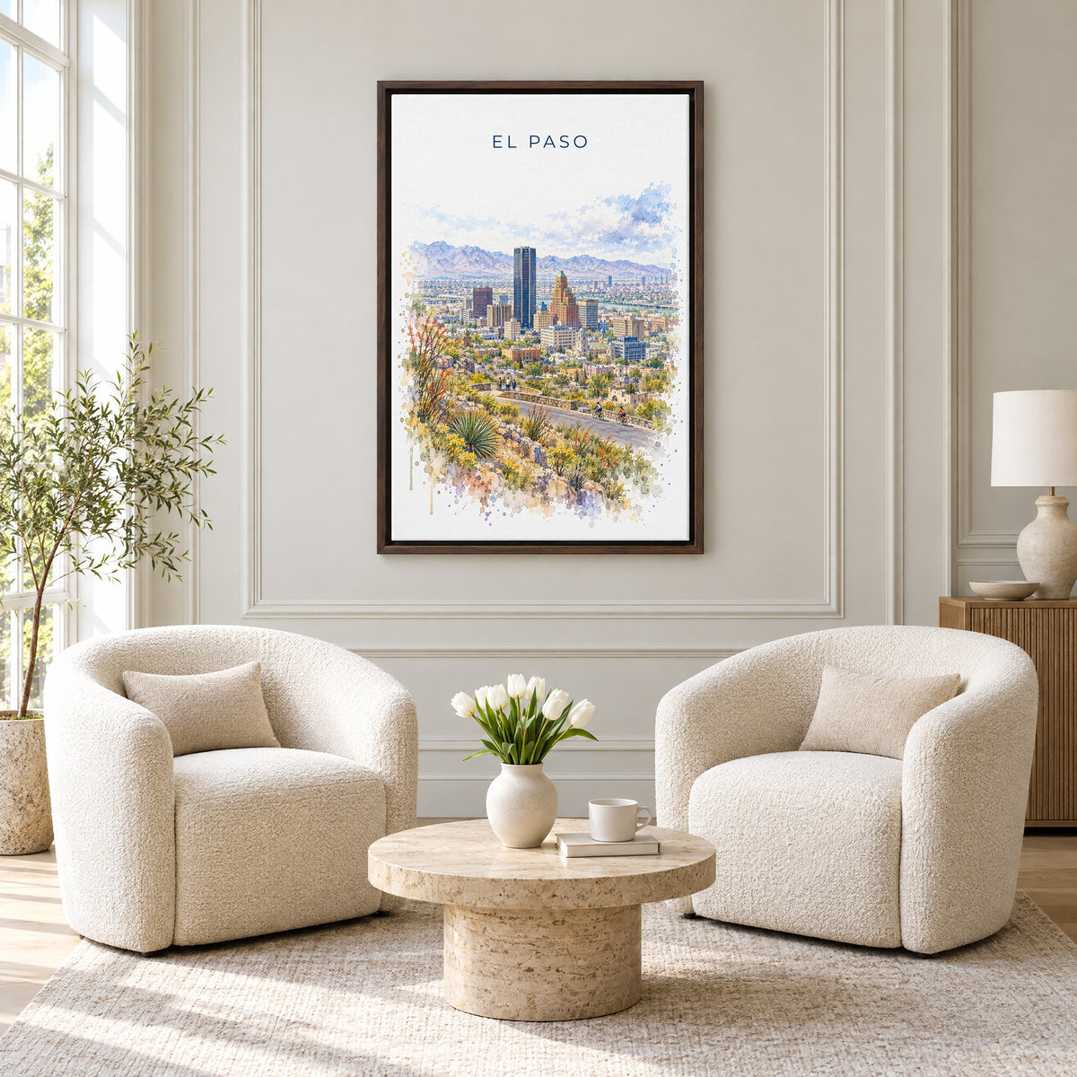 El Paso watercolor print as an espresso floater canvas above two boucle armchairs in a hotel lounge