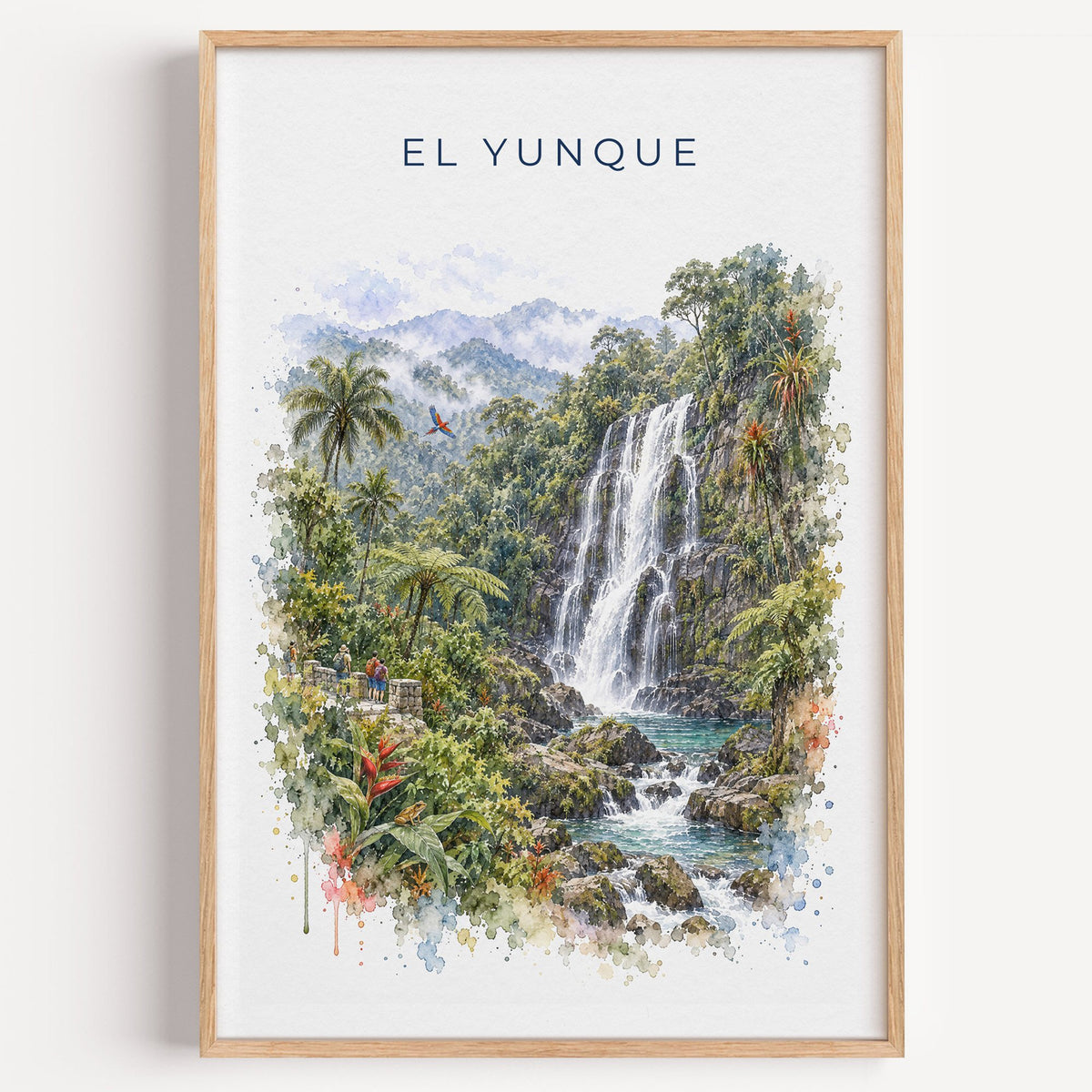 El Yunque watercolor print in a light oak frame on a plain white wall