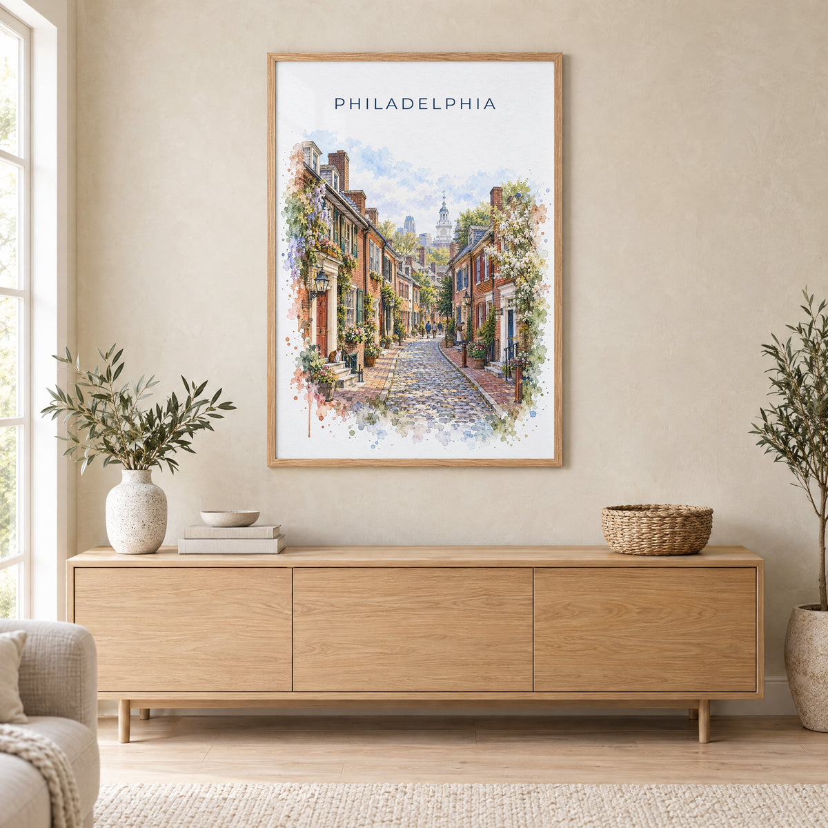 Elfreth's Alley Philadelphia watercolor print in an oak frame above a light wood sideboard in a Scandinavian living room