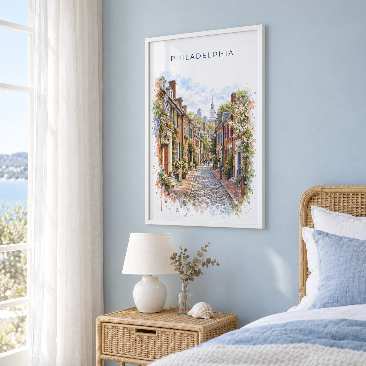 Elfreth's Alley Philadelphia watercolor print in a white frame on a pale blue wall beside a rattan bed in a coastal bedroom