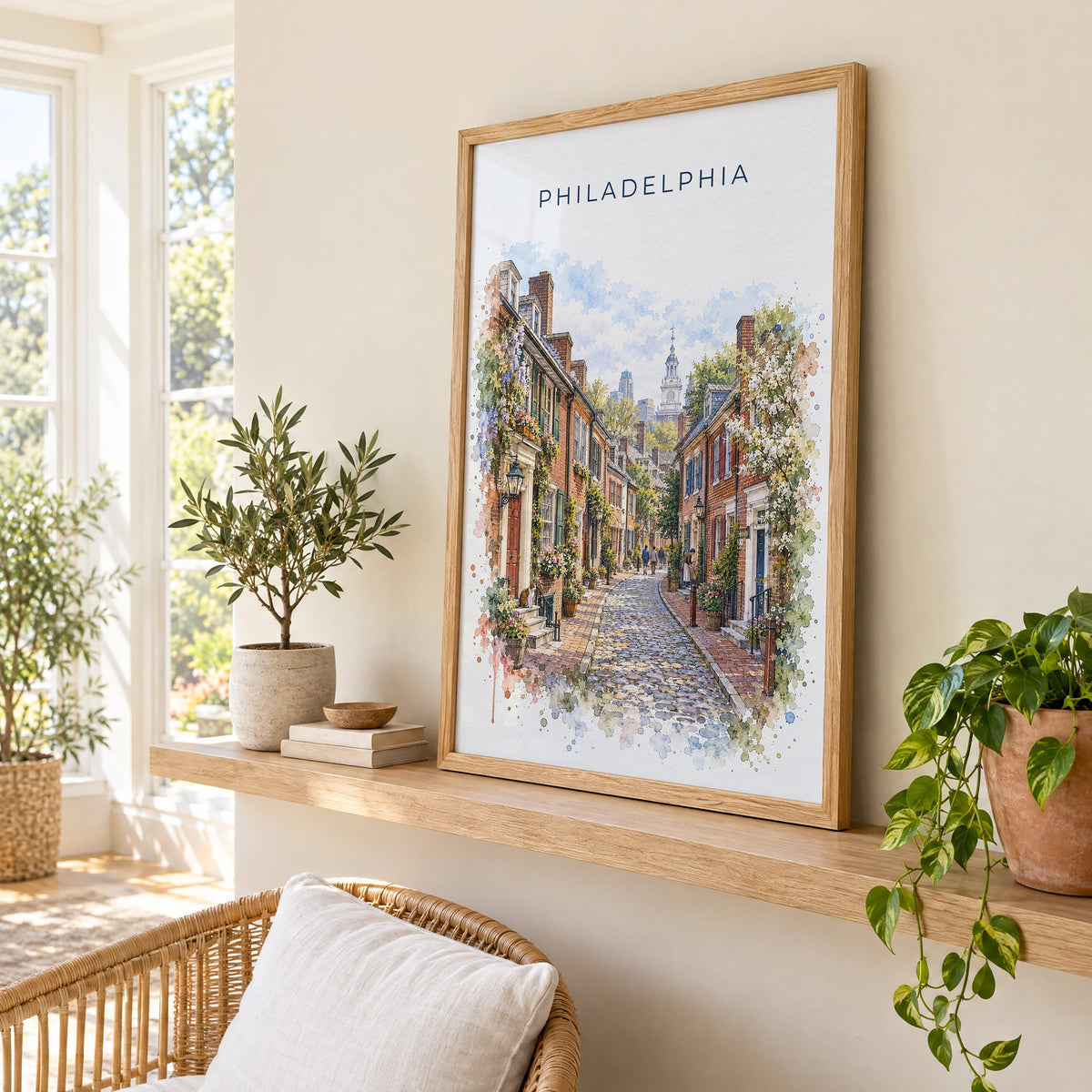 Elfreth's Alley Philadelphia watercolor print in an oak frame on a picture ledge in a sunlit sunroom