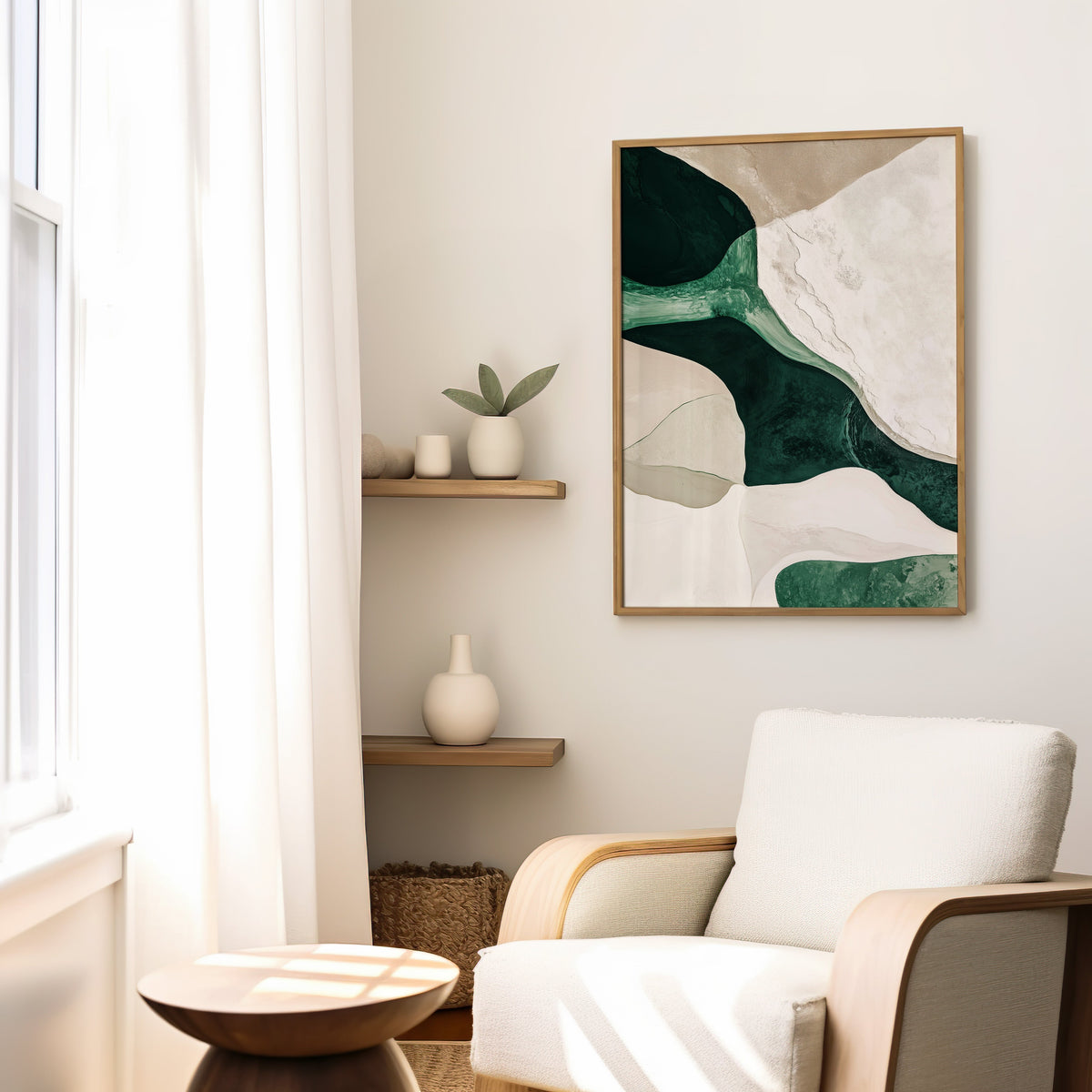 Emerald and cream organic shapes abstract print in a slim oak frame above a cream boucle armchair by floating shelves