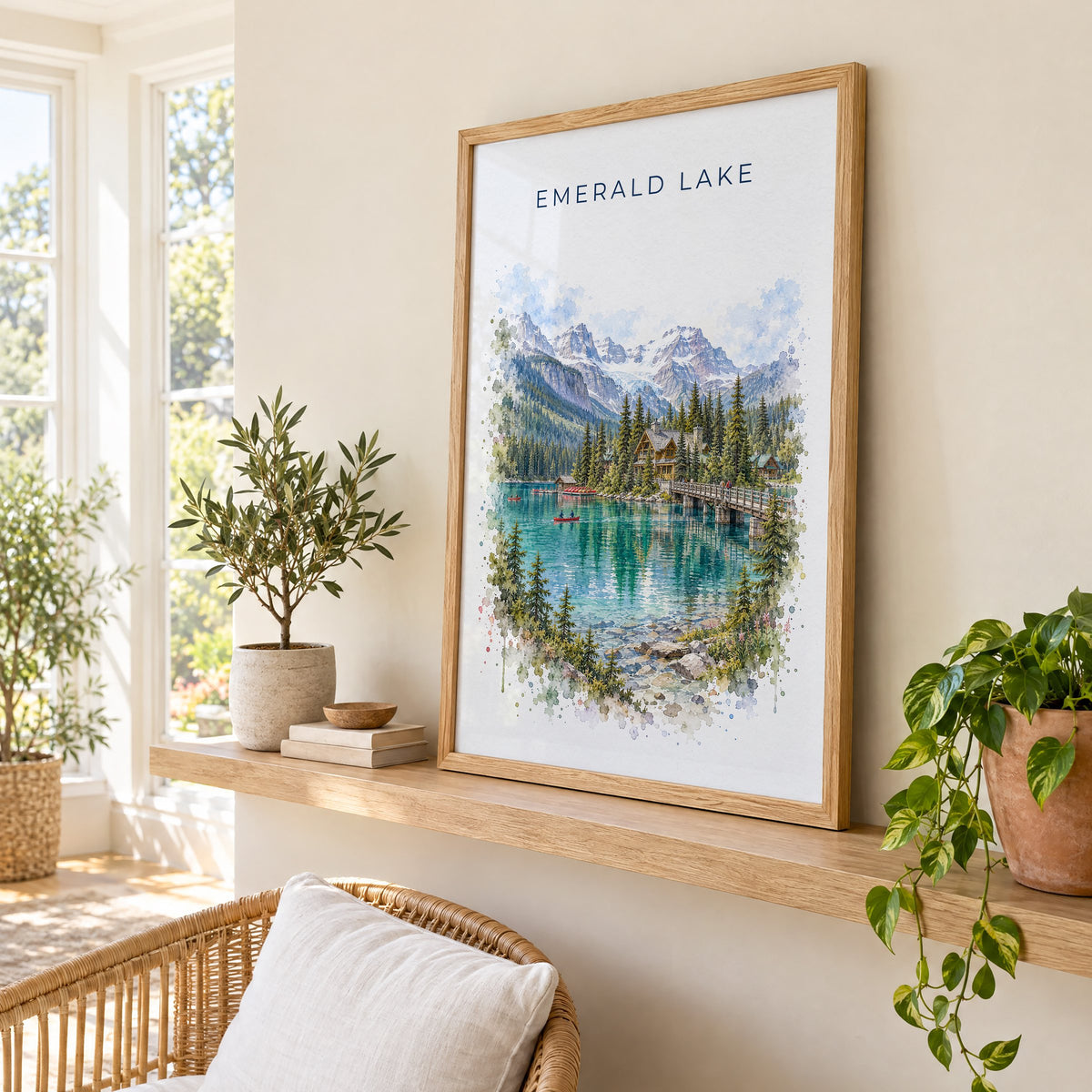 Emerald Lake, BC watercolor print in an oak frame on a picture ledge in a sunlit sunroom