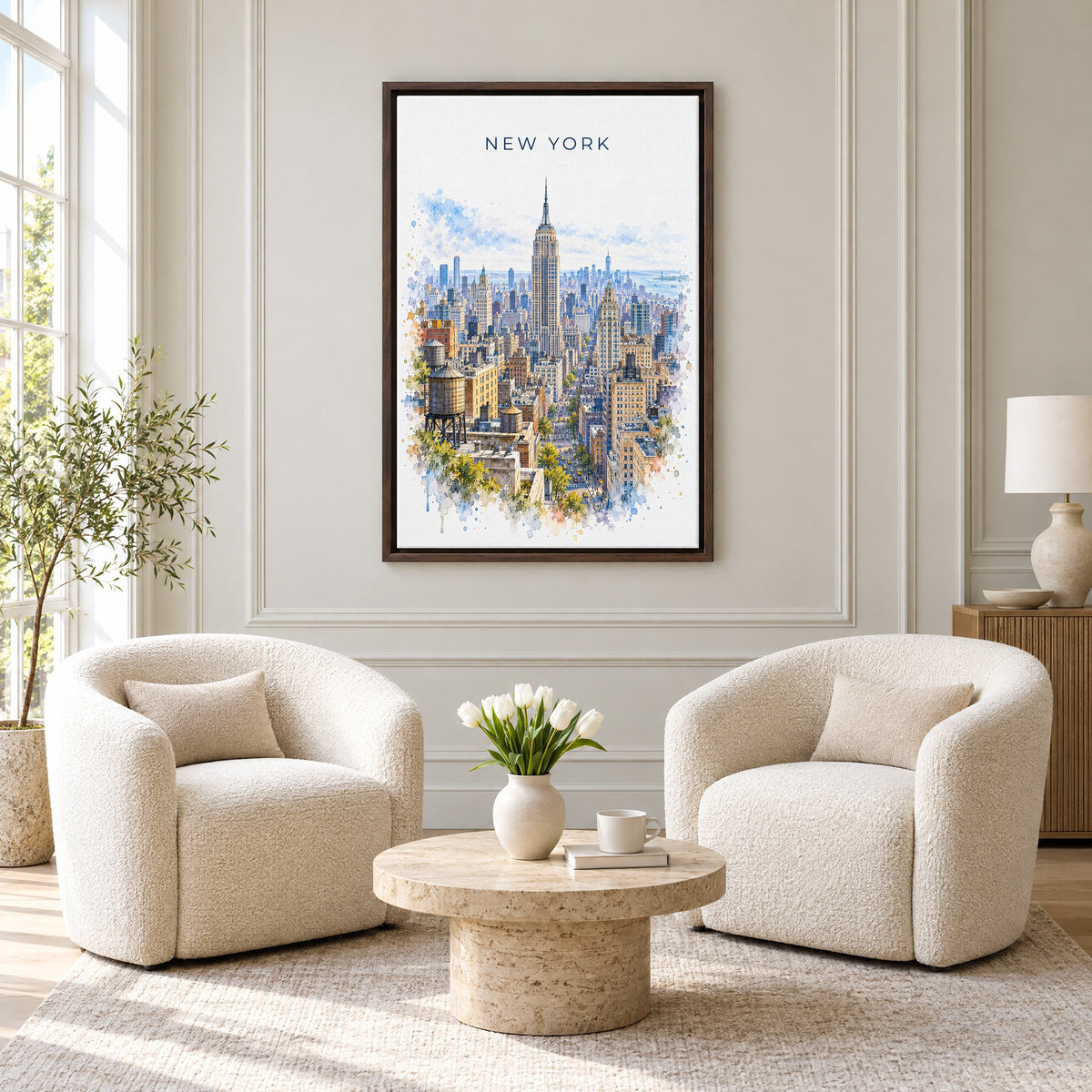 Empire State Building watercolor print as an espresso floater canvas above two boucle armchairs in a hotel lounge