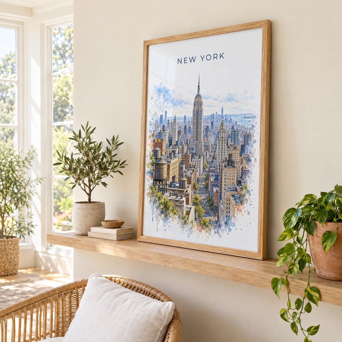Empire State Building watercolor print in an oak frame on a picture ledge in a sunlit sunroom