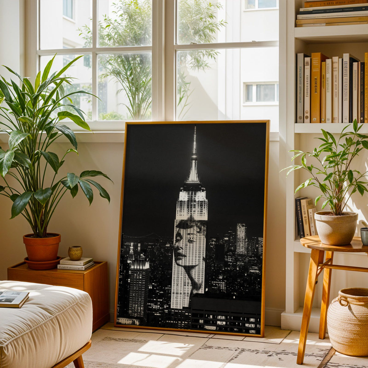 Empire State Building at night with projected face print shown in a brass frame leaning on a sunlit living room floor