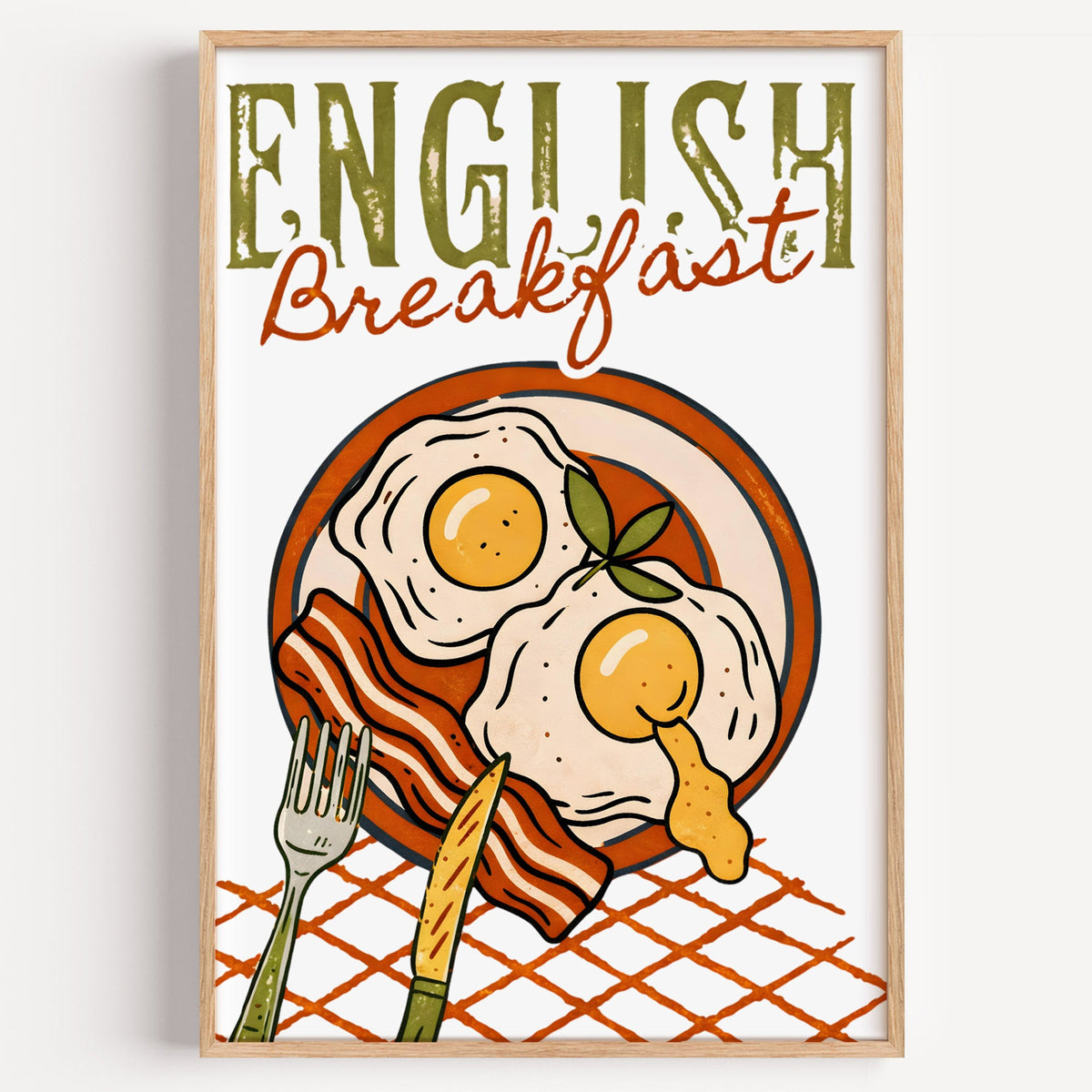 English breakfast print in a light oak frame on a plain white wall