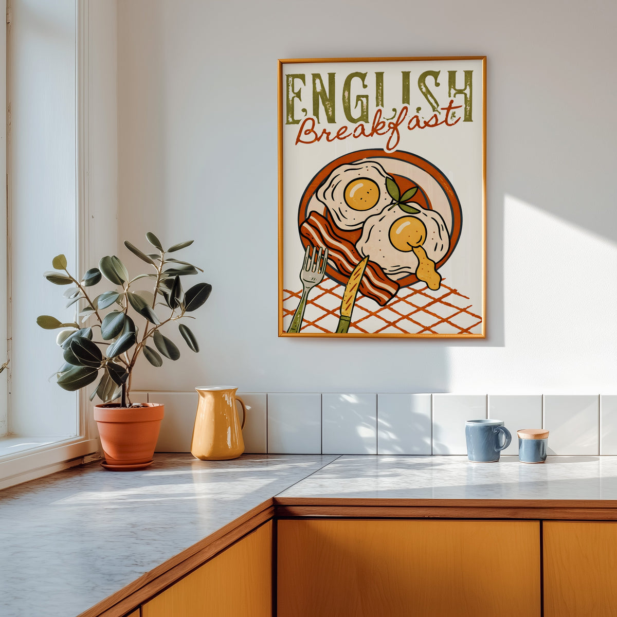 English breakfast print in a gold frame above a marble counter with a yellow ceramic jug