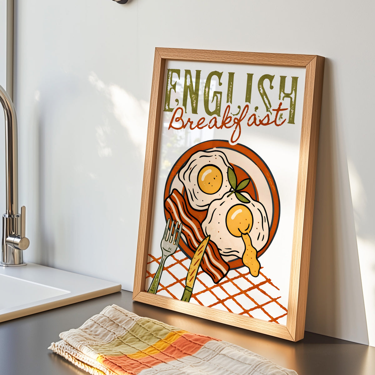 English breakfast print in an oak frame by the kitchen sink beside a striped tea towel