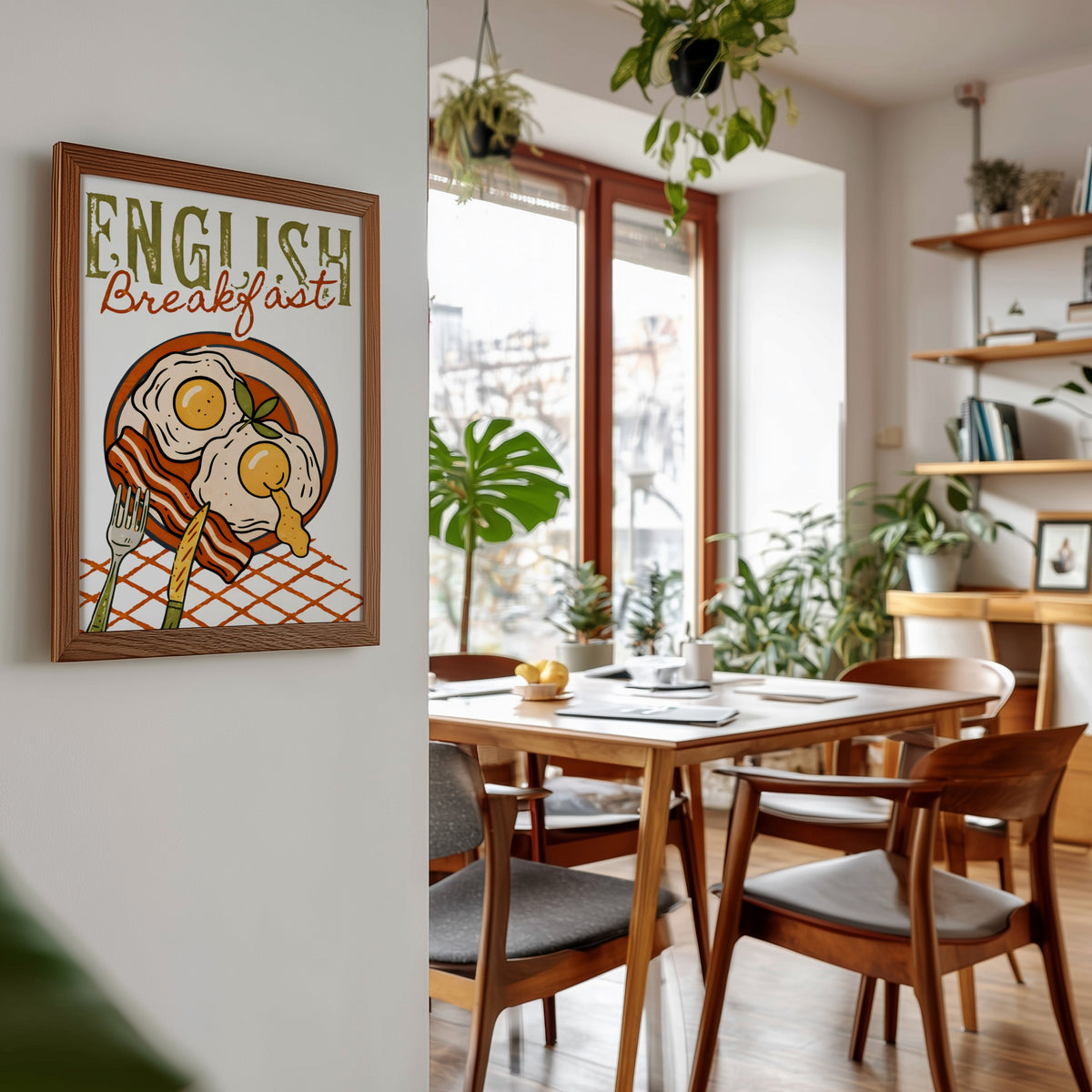English breakfast print in a walnut frame beside a mid-century dining table