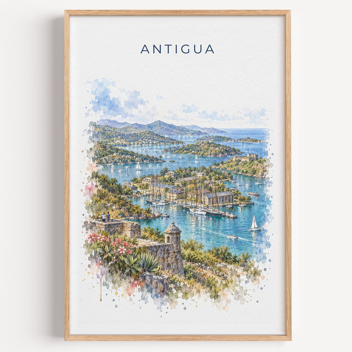 Antigua watercolor print in a light oak frame on a plain white wall