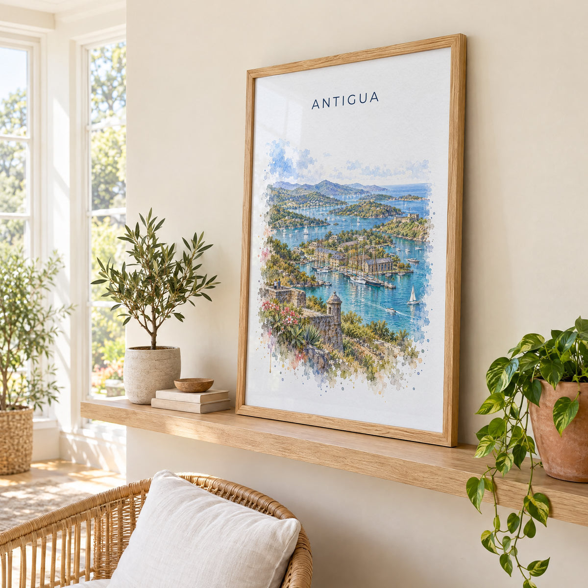 Antigua watercolor print in an oak frame on a picture ledge in a sunlit sunroom