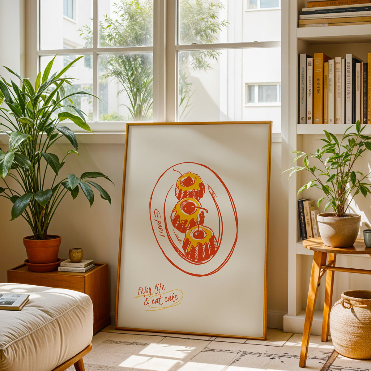 Enjoy Life and Eat Cake print in a brass frame resting on a berber rug