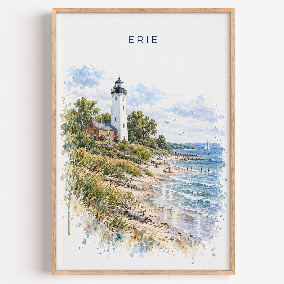 Erie, Pennsylvania watercolor print in a light oak frame on a plain white wall