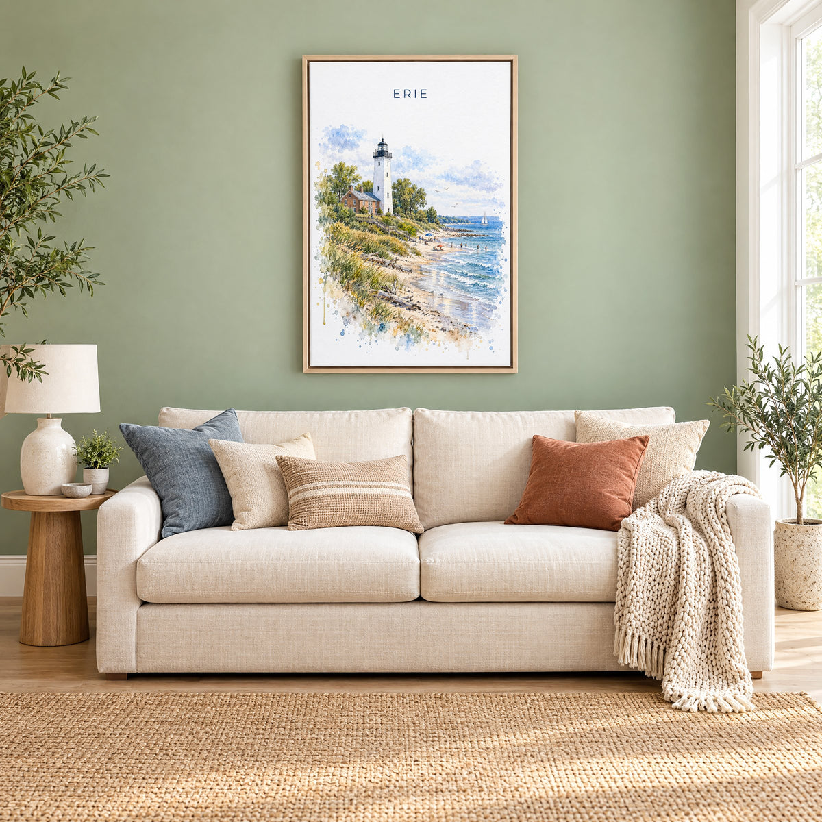 Erie, Pennsylvania watercolor print as a natural floater canvas above a cream linen sofa on a sage green wall