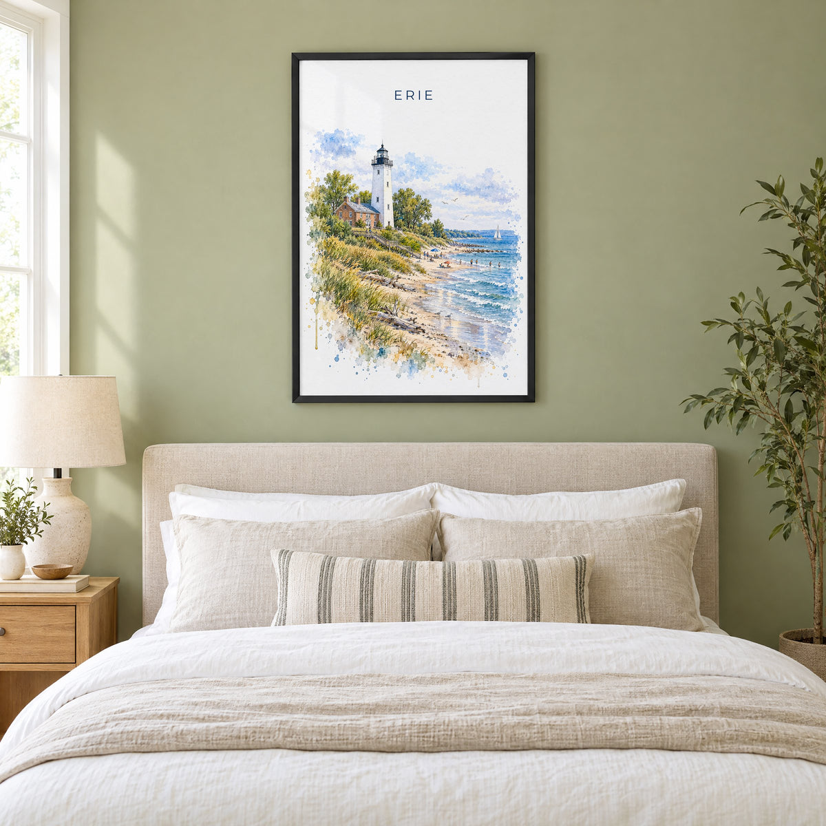 Erie, Pennsylvania watercolor print in a black frame above an upholstered headboard in a sage green bedroom