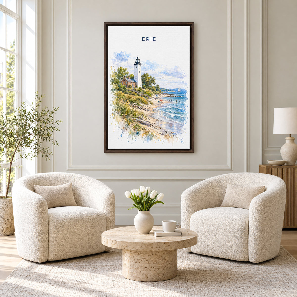 Erie, Pennsylvania watercolor print as an espresso floater canvas above two boucle armchairs in a hotel lounge