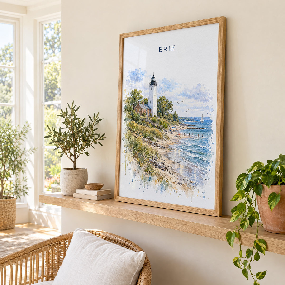 Erie, Pennsylvania watercolor print in an oak frame on a picture ledge in a sunlit sunroom
