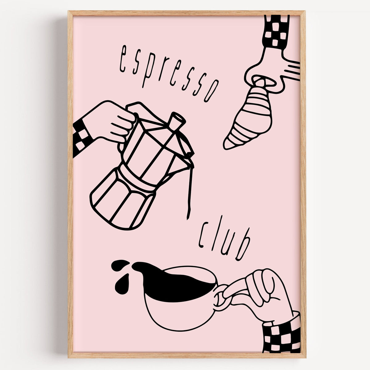 Espresso Club moka pot print in a light oak frame on a plain white wall