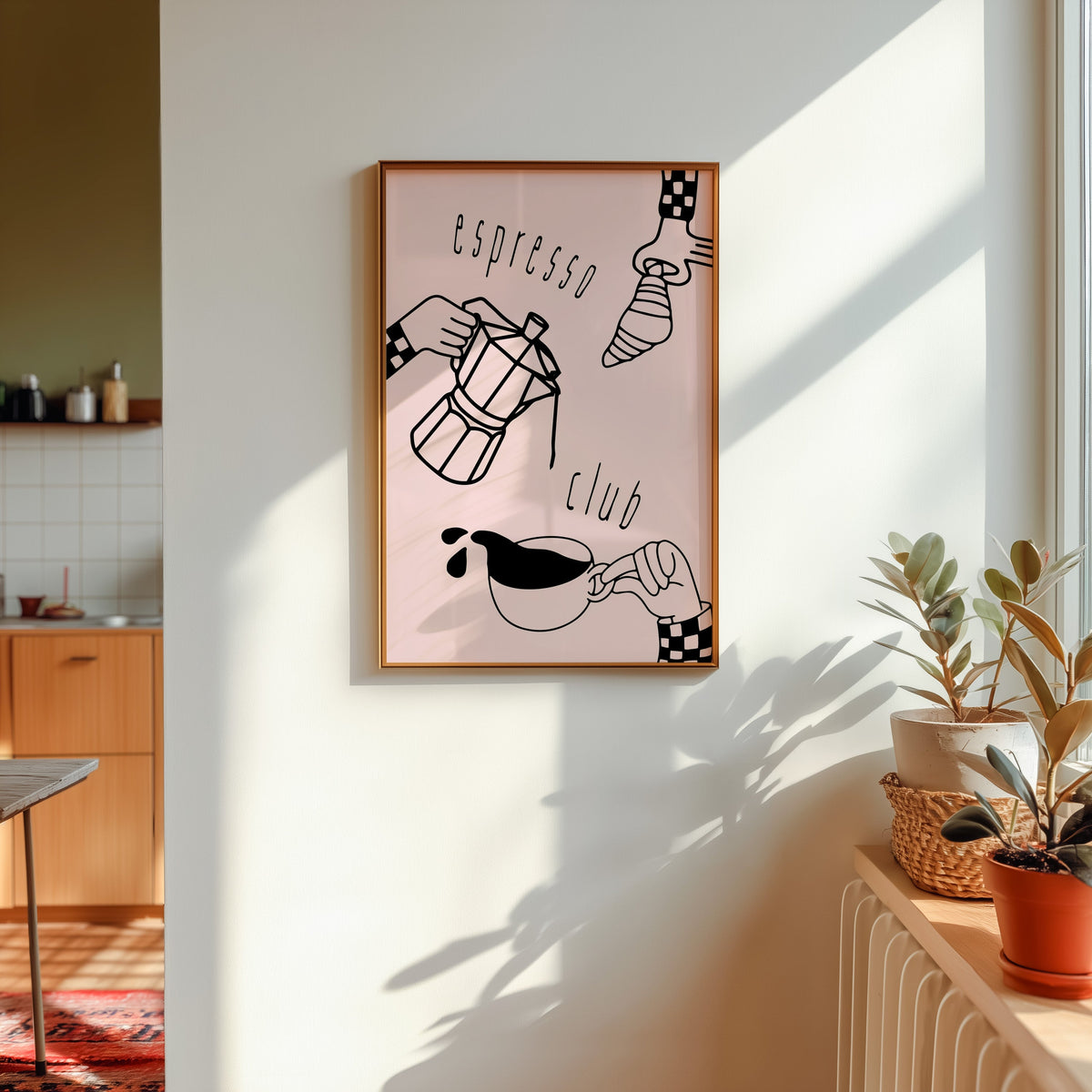 Espresso Club print shown in a gold frame in sunlight with plants and a kitchen beyond