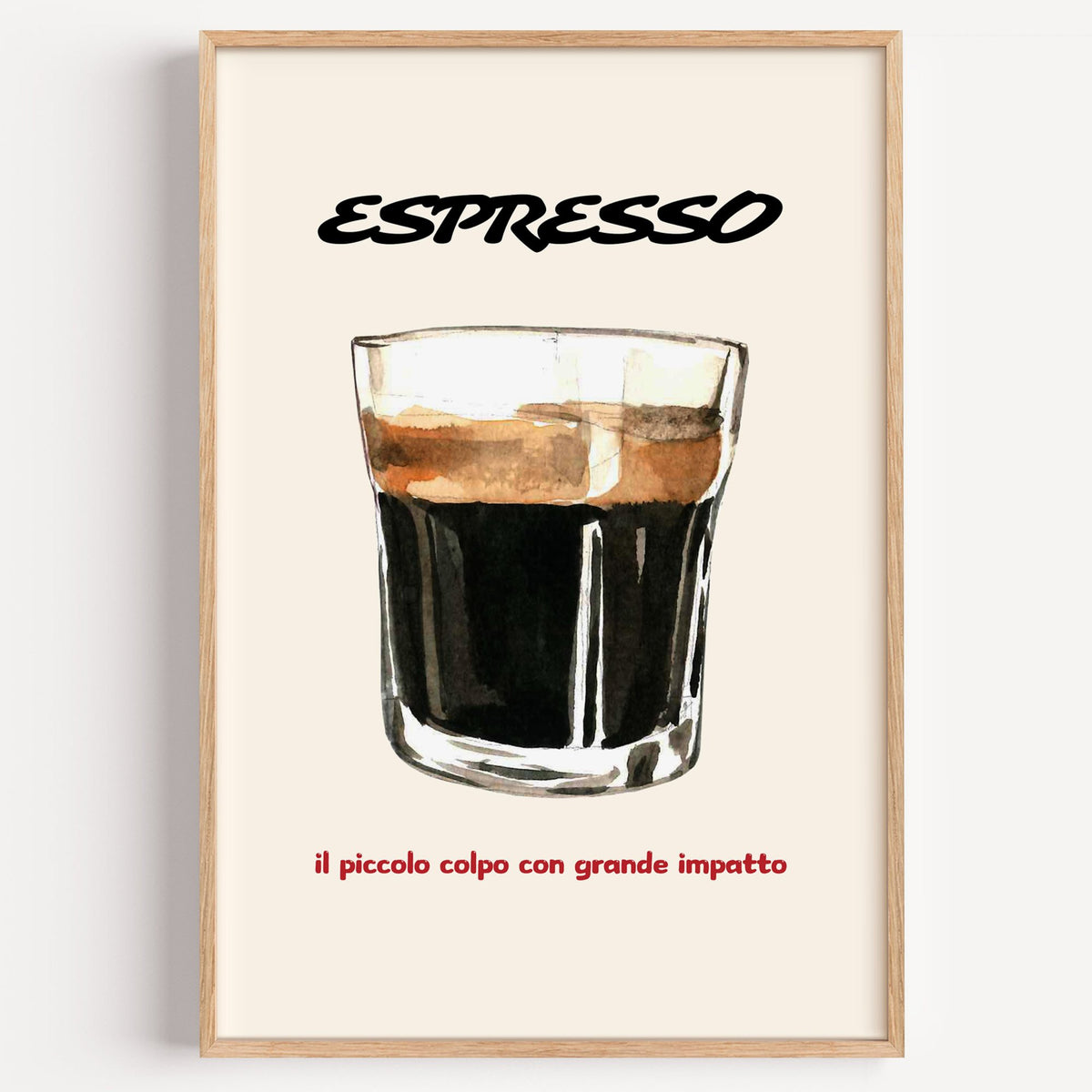 ESPRESSO watercolor glass print in a light oak frame on a plain white wall