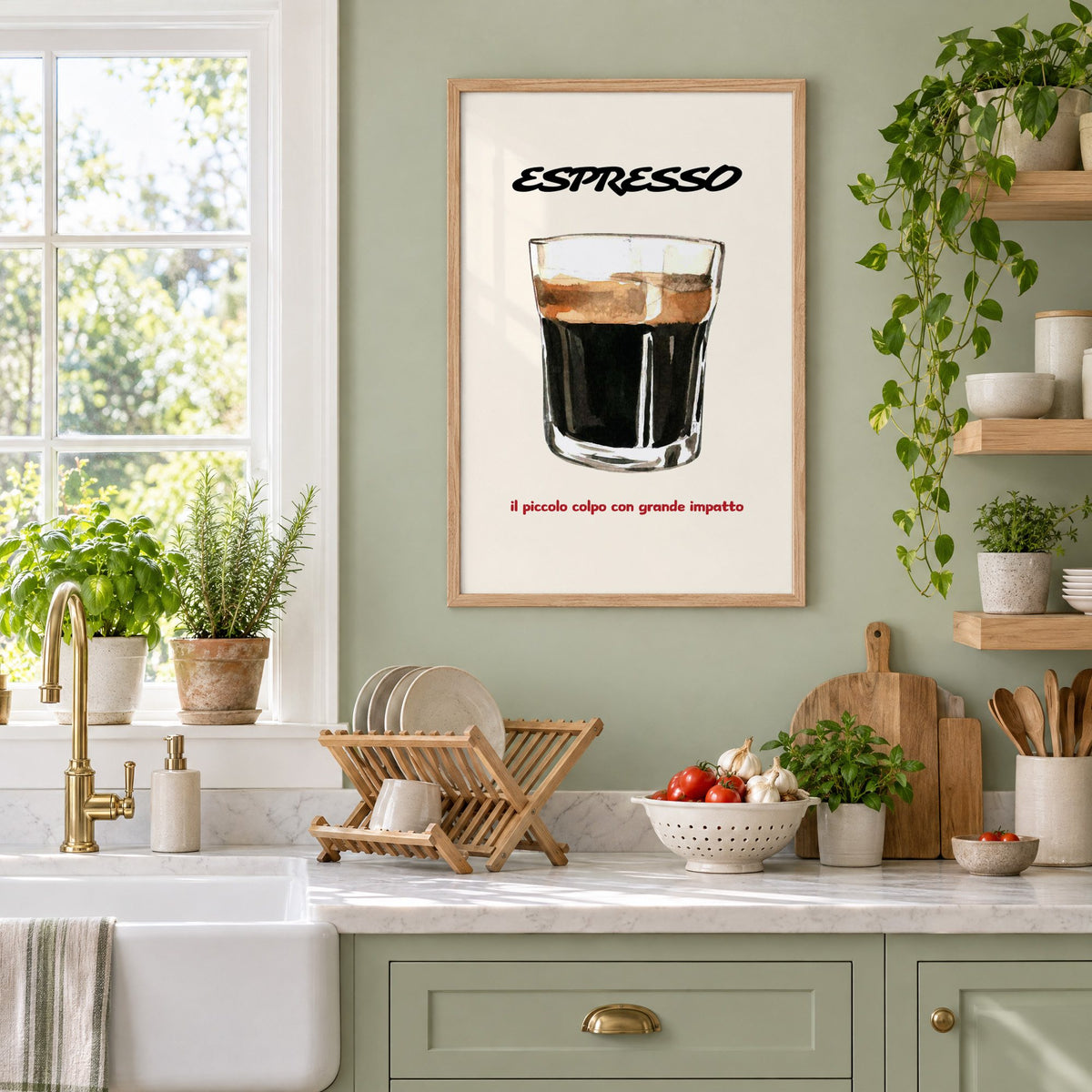 ESPRESSO watercolor glass print in an oak frame on a sage green kitchen wall beside a farmhouse sink and herbs